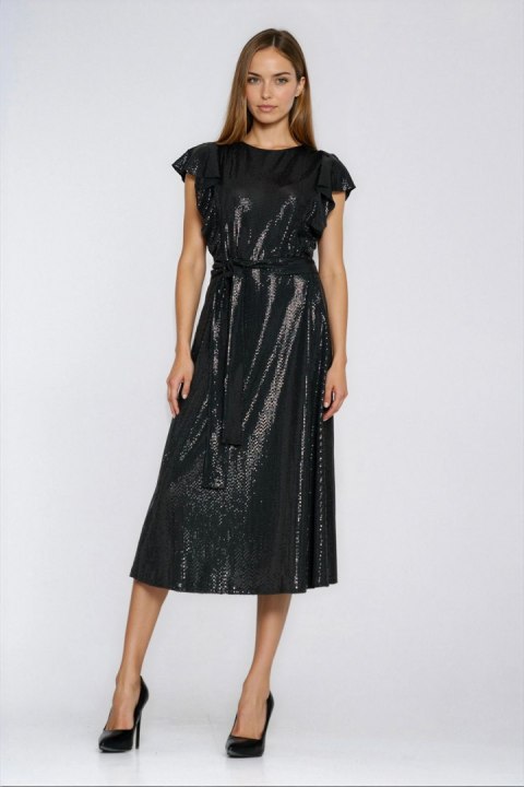 Sukienka Błyszcząca sukienka z falbanami na ramionach S288 Black - Nife