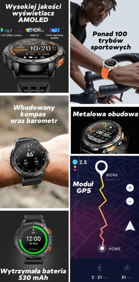 Smartwatch Gravity GT24-3 GPS AMOLED (Czarny + Pomarańczowy)
