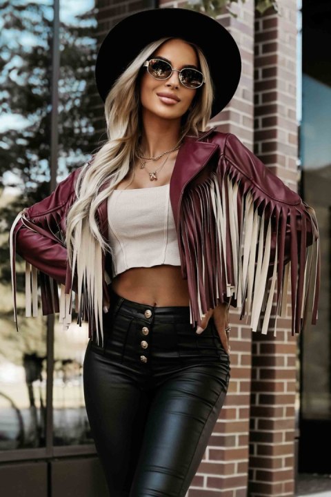 Kurtka damska ramoneska z frędzlami w kolorze bordowym